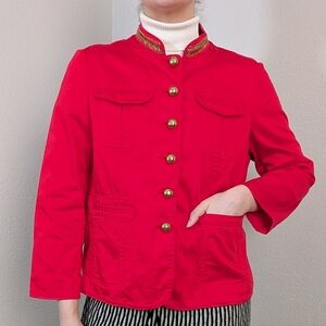 Vintage 90s Red Beaded Collar Napoleon Button Military Style Jacket
